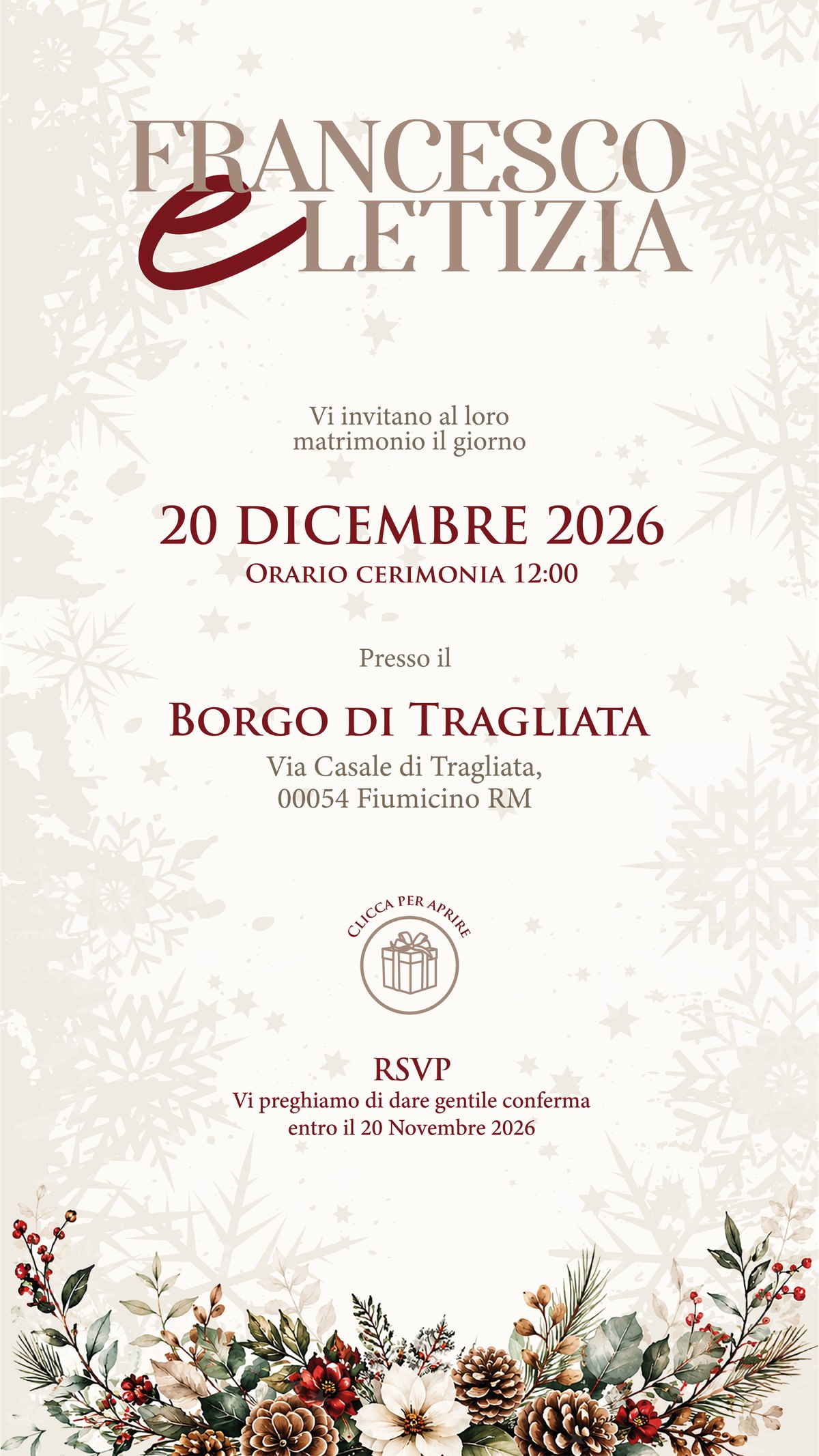 Francesco e Letizia — 20 Dicembre 2026, Borgo di Tragliata